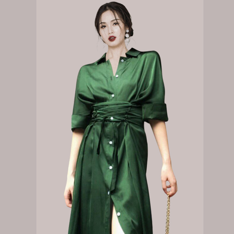 Autumn imitation silk dress retro slim shirt for women
