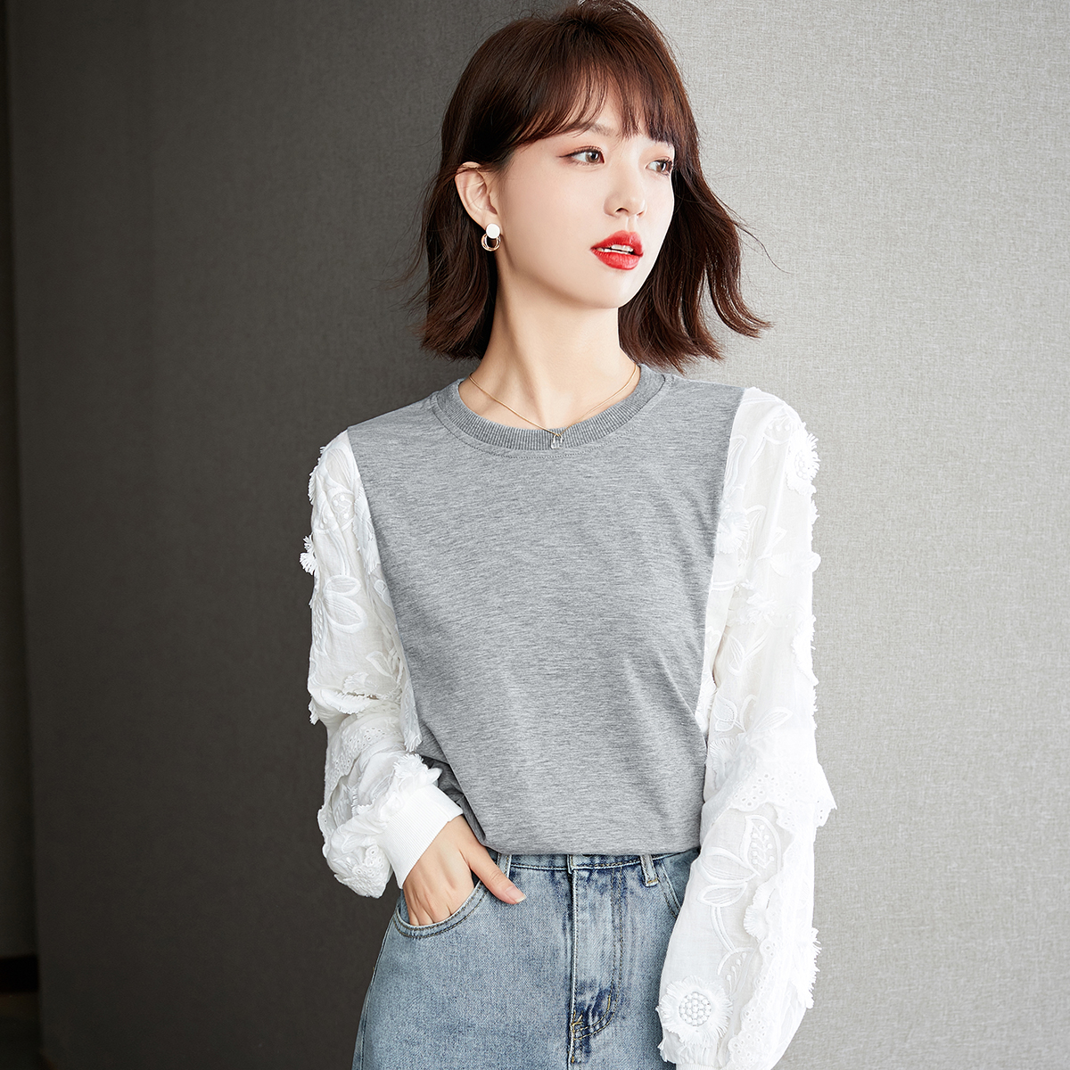 Loose round neck pullover hoodie autumn slim splice tops