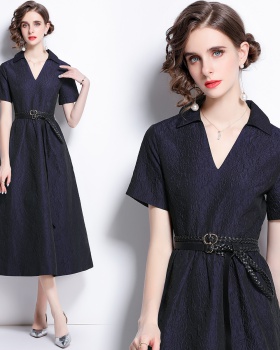 V-neck slim blue dress pinched waist long long dress