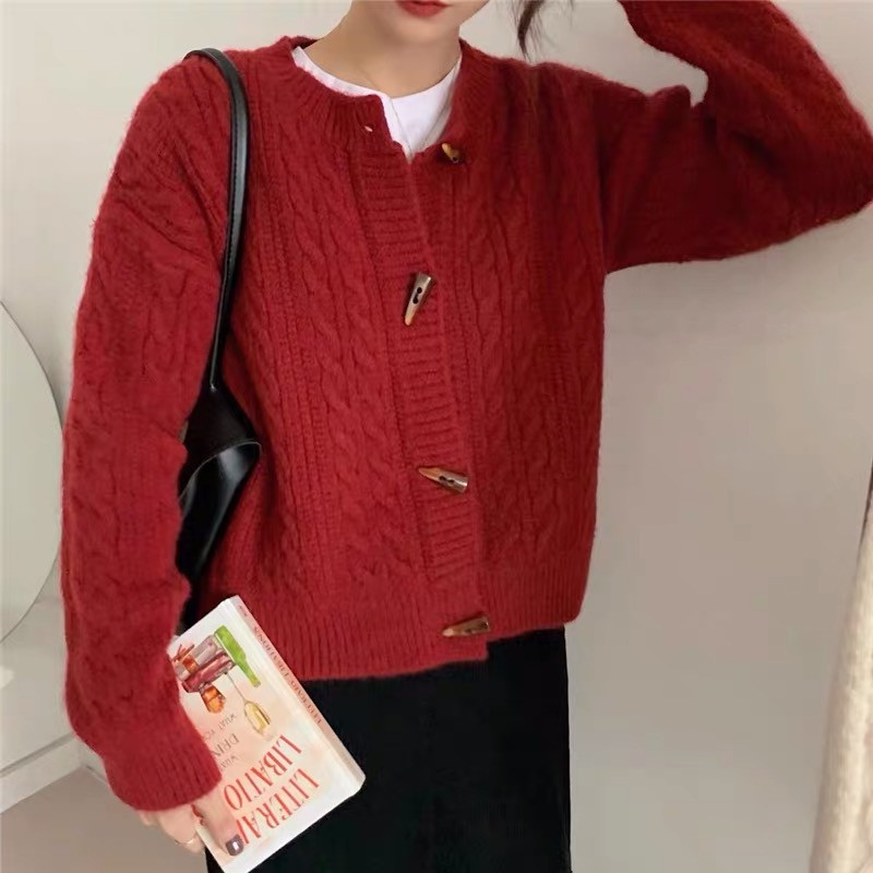 Loose horn buckle cardigan Korean style thermal coat