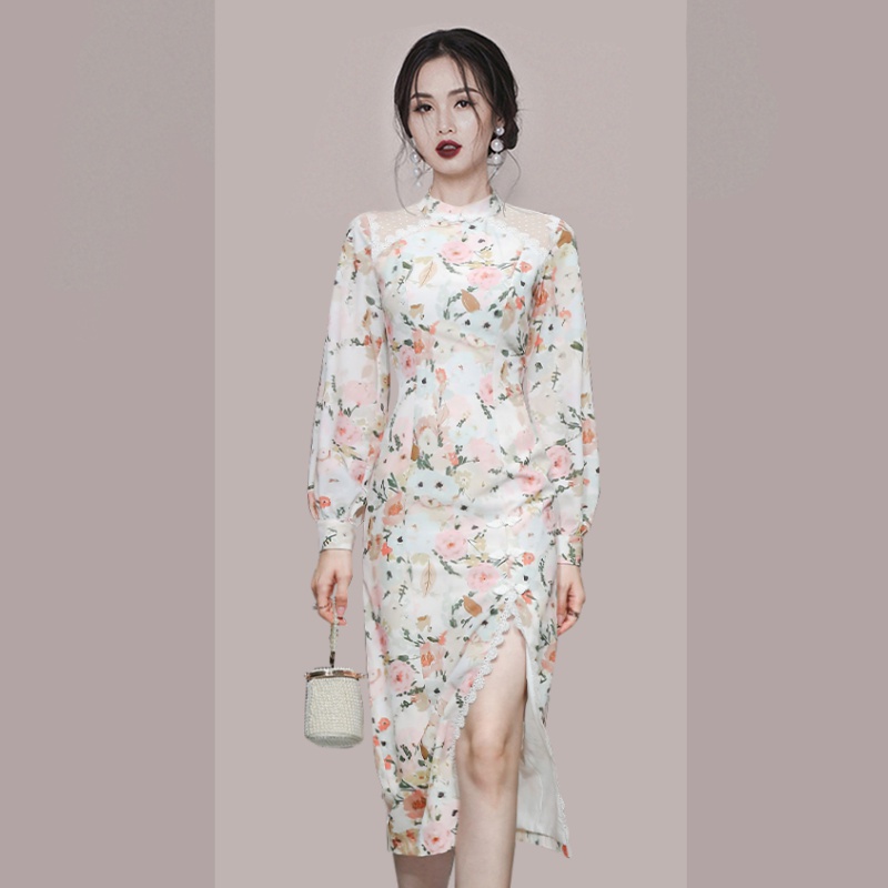 Korean style autumn floral round neck light dress