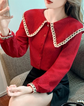 Red autumn shirt navy style doll collar chiffon shirt for women