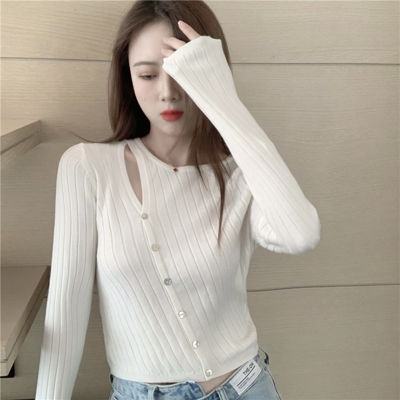 Buckle France style tops long sleeve hollow sweater