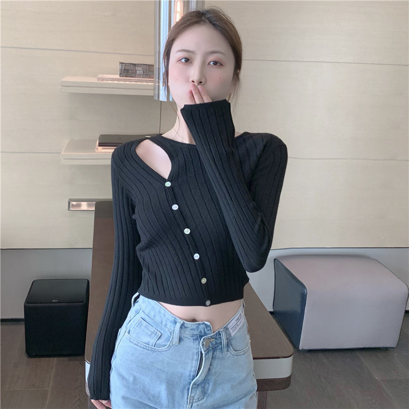 Buckle France style tops long sleeve hollow sweater