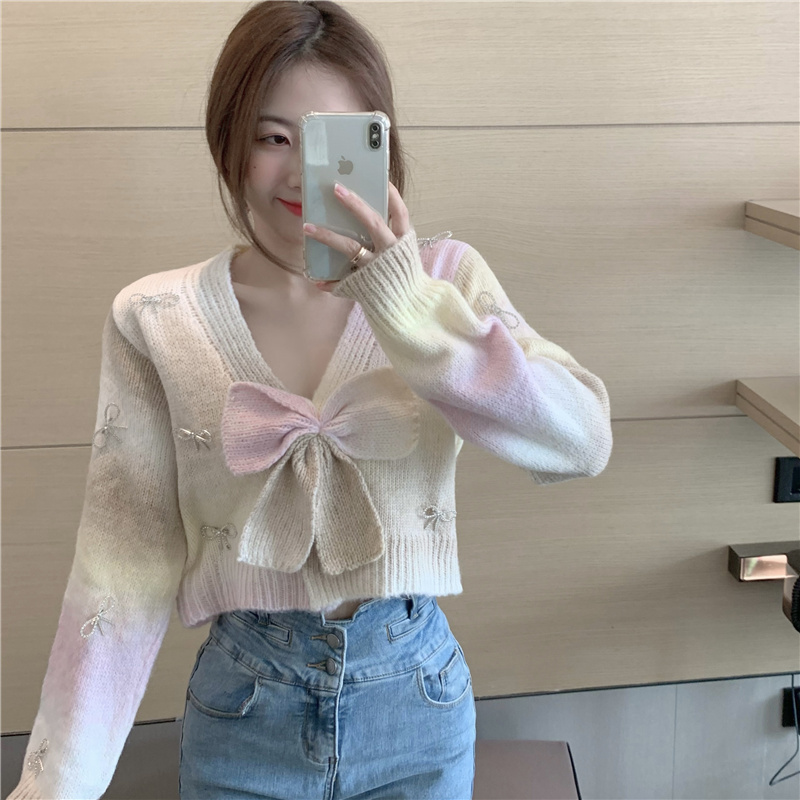 Knitted V-neck cardigan short bow sweater
