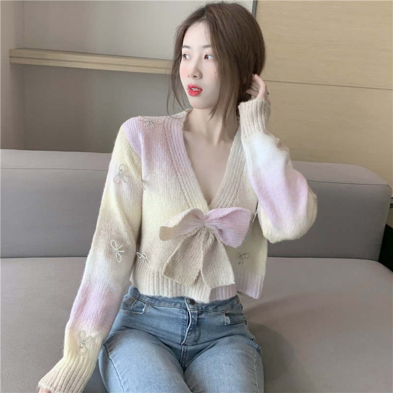 Knitted V-neck cardigan short bow sweater