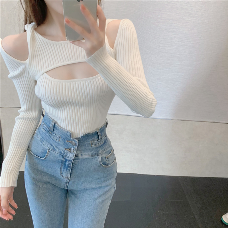 Hollow slim sweater long sleeve strapless tops