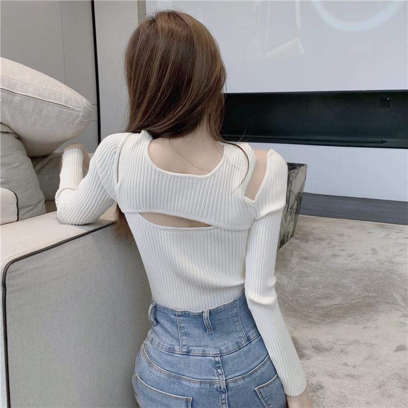 Hollow slim sweater long sleeve strapless tops