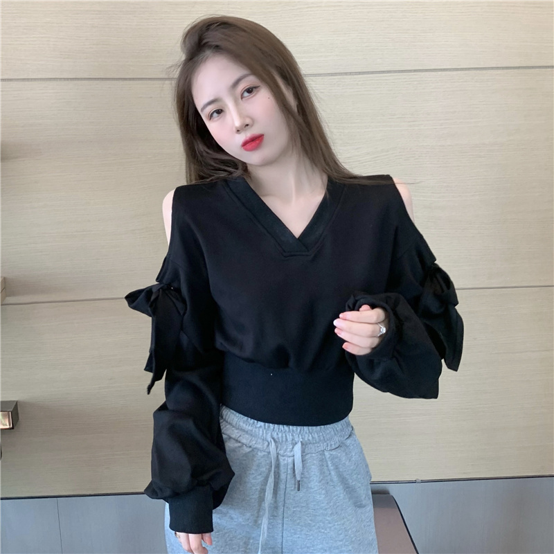 V-neck autumn and winter short long sleeve bow slim tops