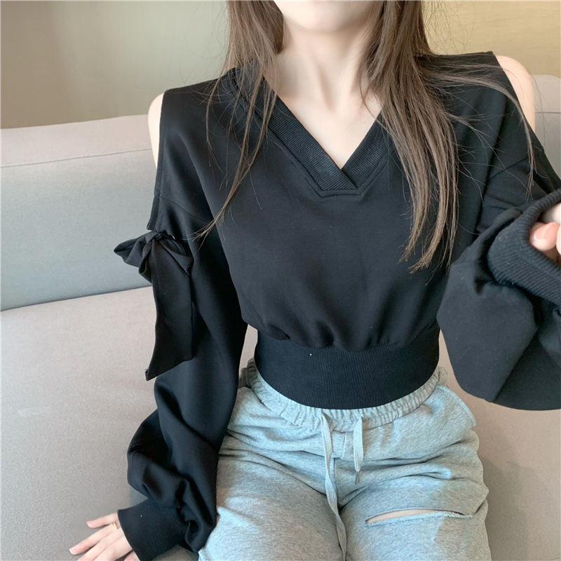 V-neck autumn and winter short long sleeve bow slim tops