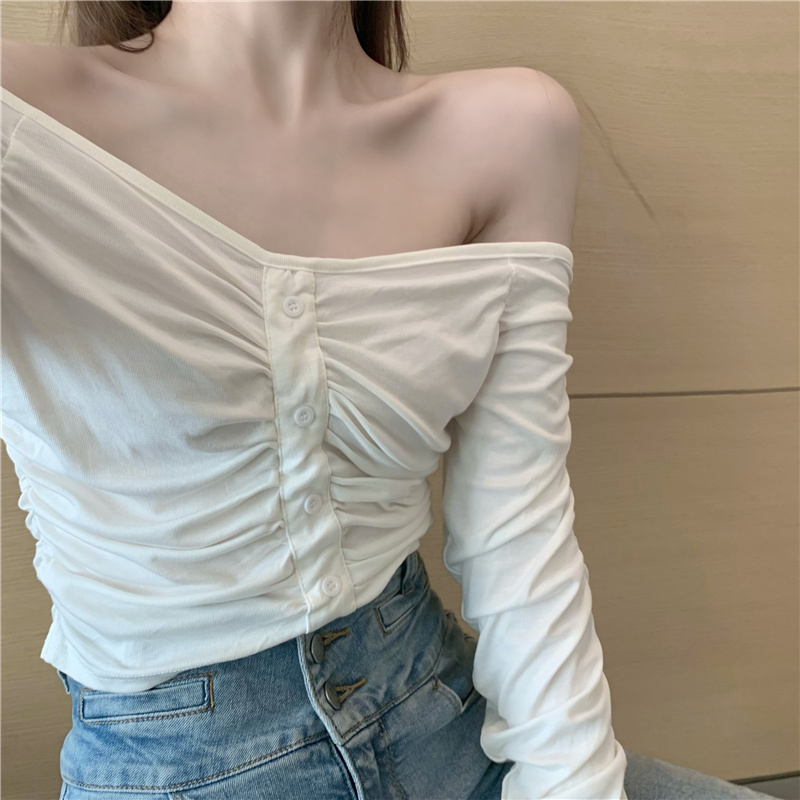 Navel fold flat shoulder tops slim short T-shirt
