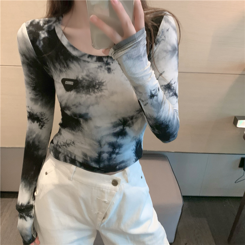 Round neck collar long sleeve tops slim knitted T-shirt