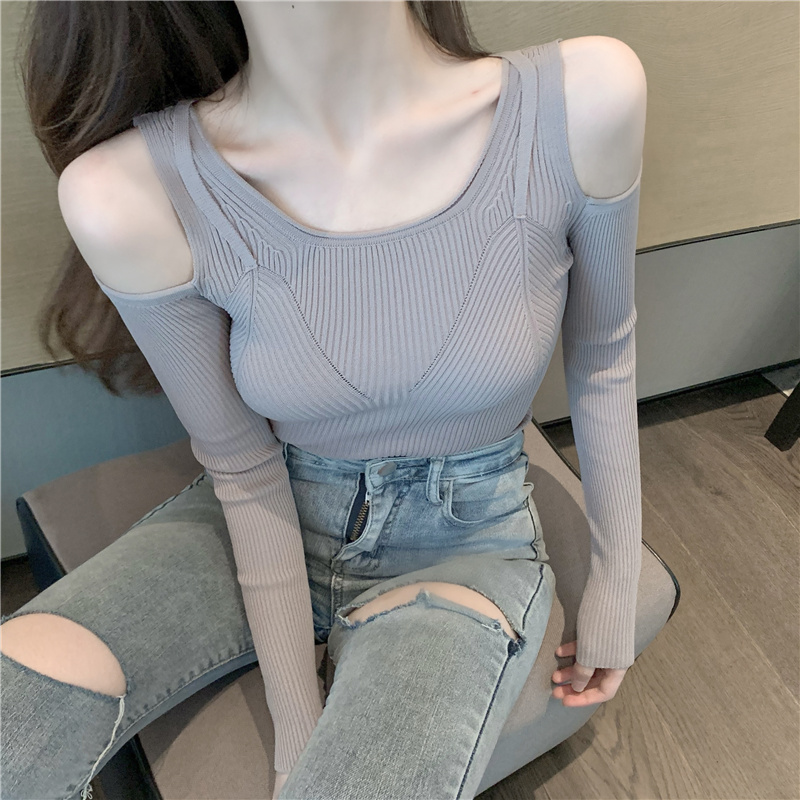 Hollow strapless clavicle little sexy sweater for women