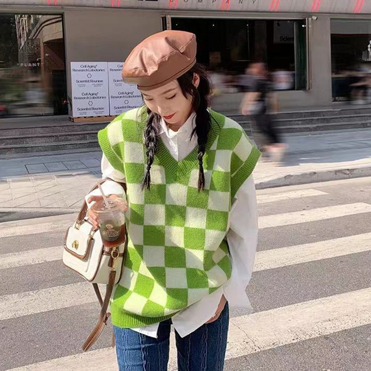 Autumn all-match knitted coat chessboard loose sweater