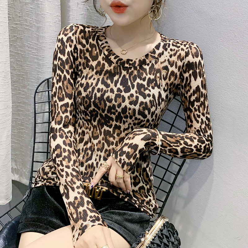 Leopard tops printing bottoming shirt for women