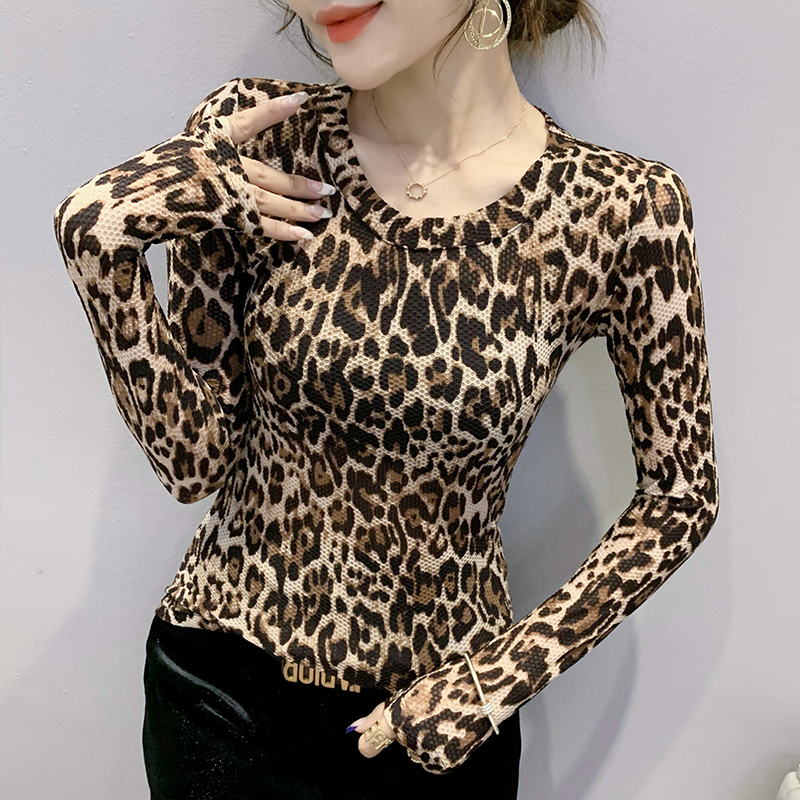 Leopard tops printing bottoming shirt for women