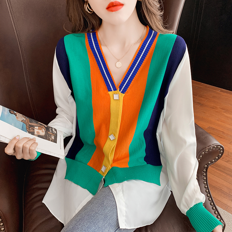 Knitted long all-match loose rainbow shirt for women