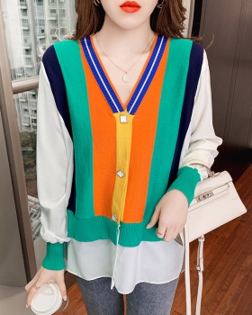 Knitted long all-match loose rainbow shirt for women