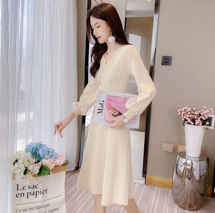All-match exceed knee long lantern sleeve knitted dress