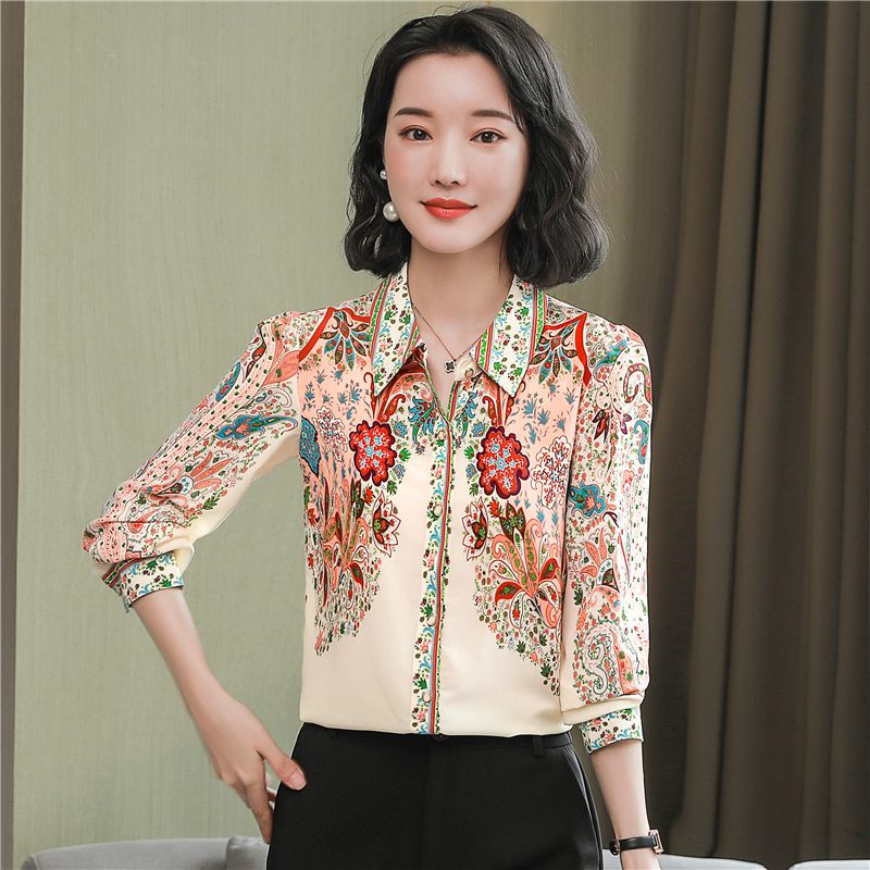 Printing Korean style chiffon shirt cstand collar shirt