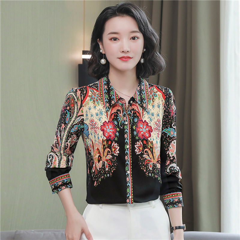 Printing Korean style chiffon shirt cstand collar shirt