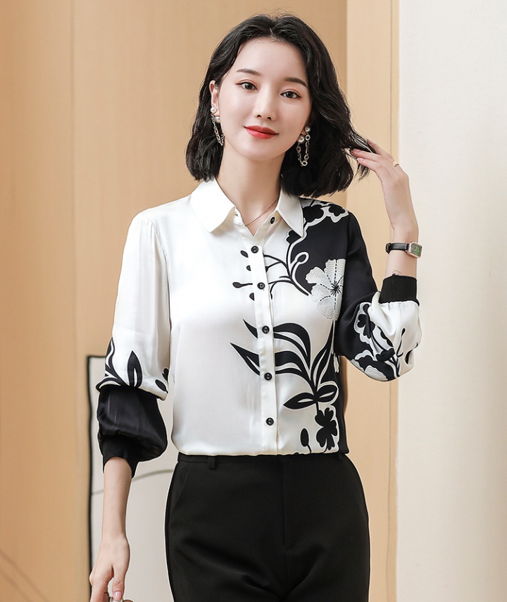 Autumn silk thick long sleeve tops fashion black-white shirt