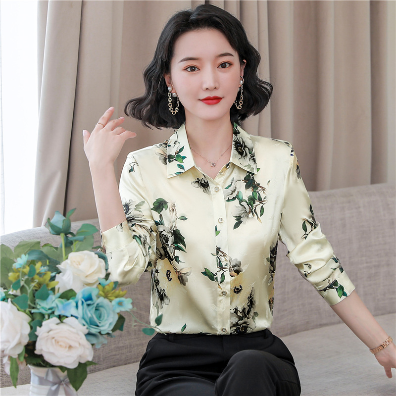 Autumn floral real silk shirt satin silk tops for women