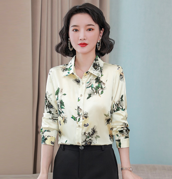 Autumn floral real silk shirt satin silk tops for women