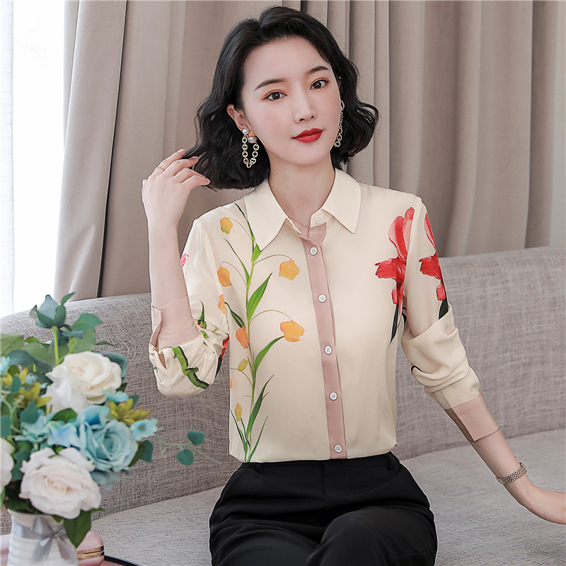 Printing real silk rose shirt white paris tops for women