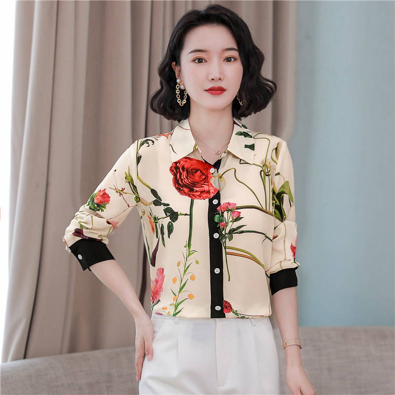 Printing real silk rose shirt white paris tops for women
