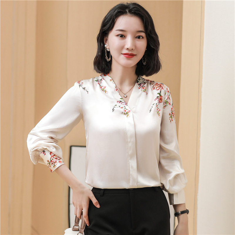 Printing real silk tops V-neck fashion shirt for women