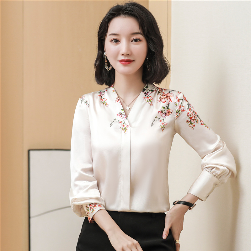 Printing real silk tops V-neck fashion shirt for women