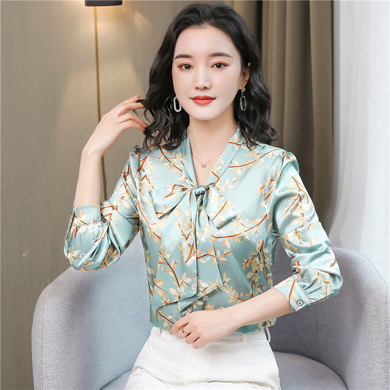 Silk long sleeve floral shirt bow streamer tops for women