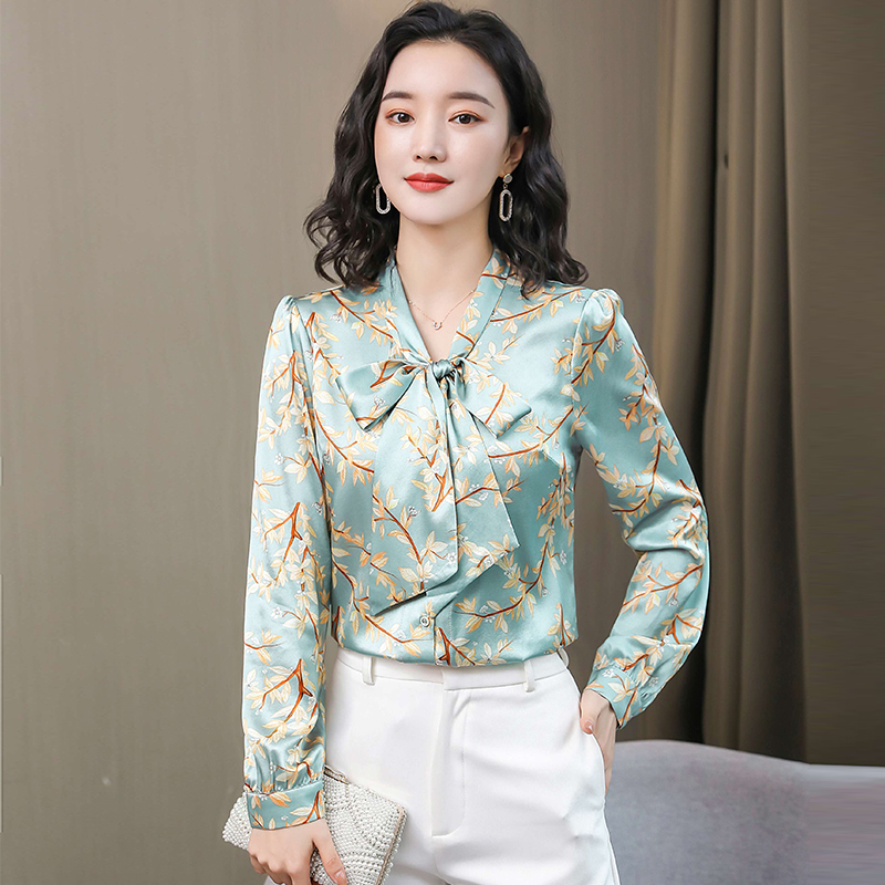 Silk long sleeve floral shirt bow streamer tops for women