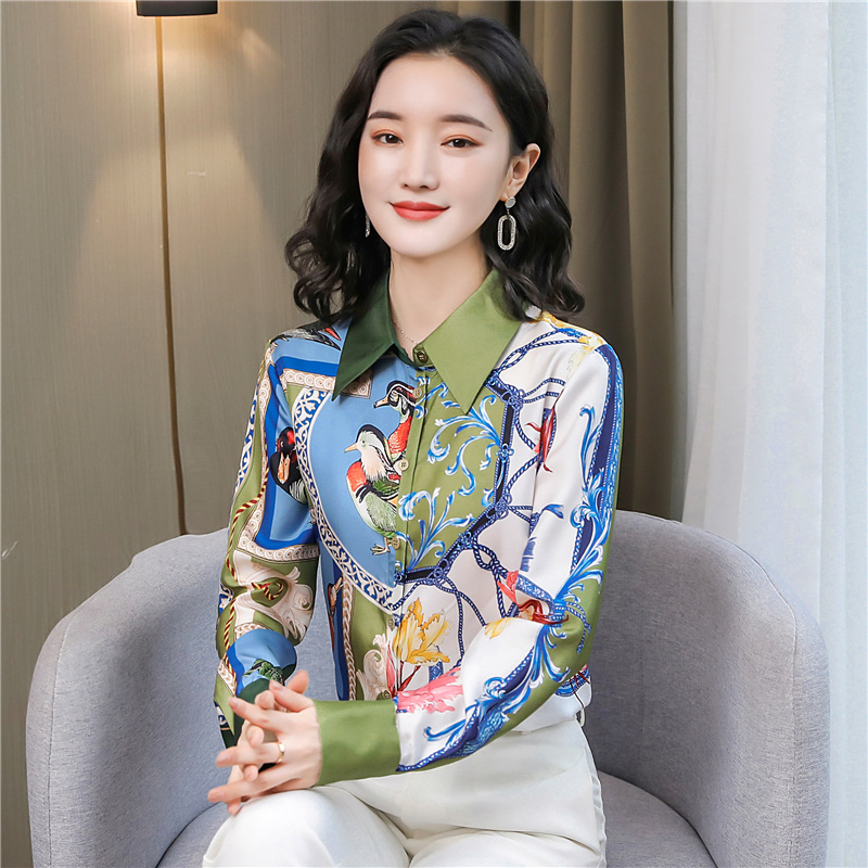 Silk long sleeve printing tops spring satin shirt for women