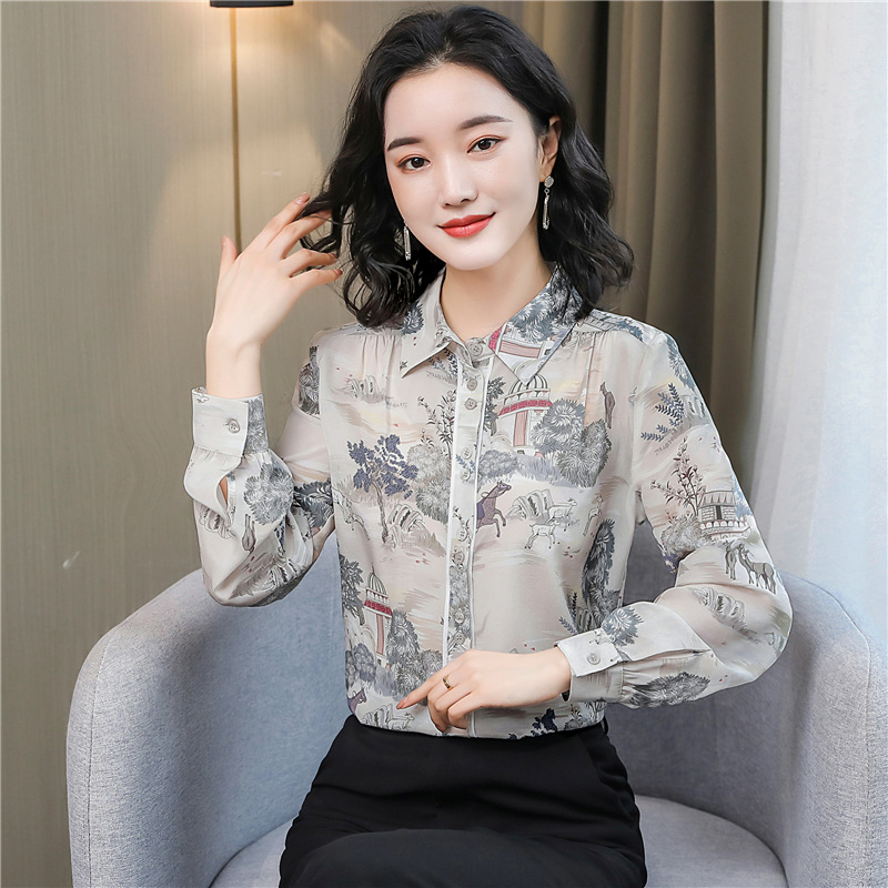 Real silk autumn printing cstand collar shirt for women