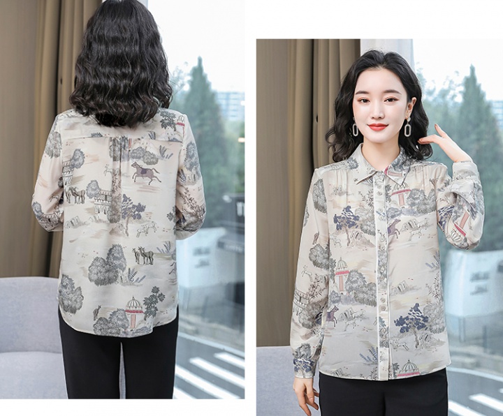 Real silk autumn printing cstand collar shirt for women