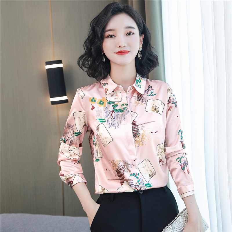 Pink autumn satin shirt real silk minority tops for women