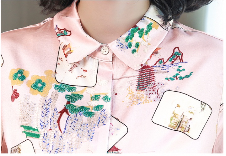 Pink autumn satin shirt real silk minority tops for women