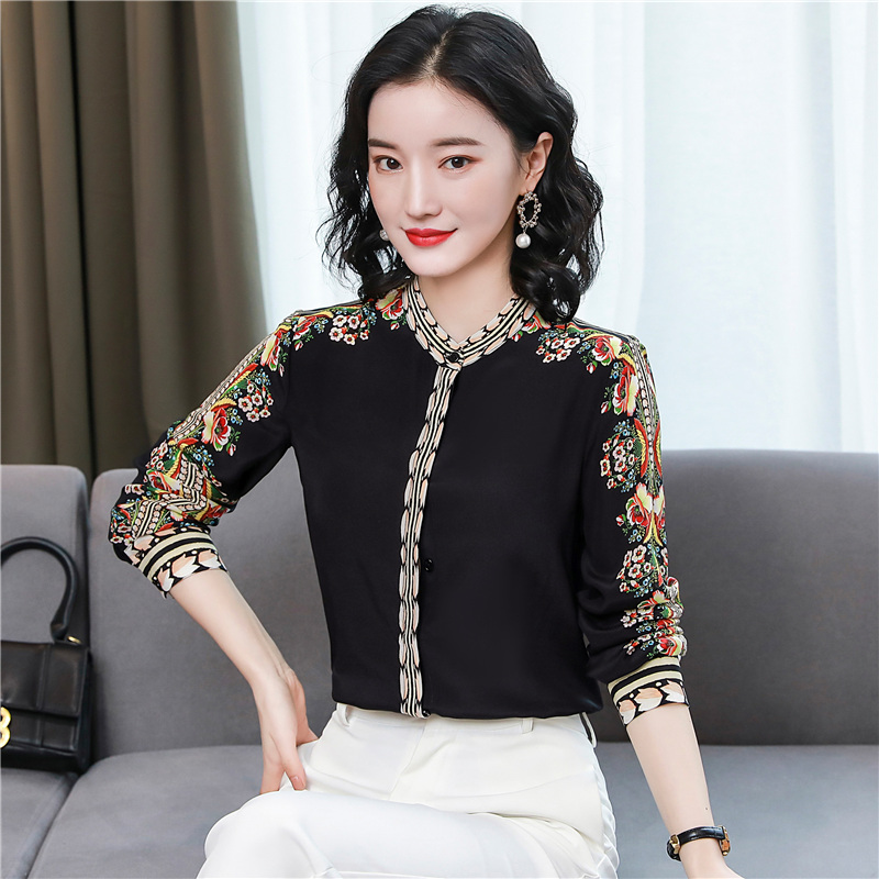 Autumn real silk shirt silk cstand collar tops for women