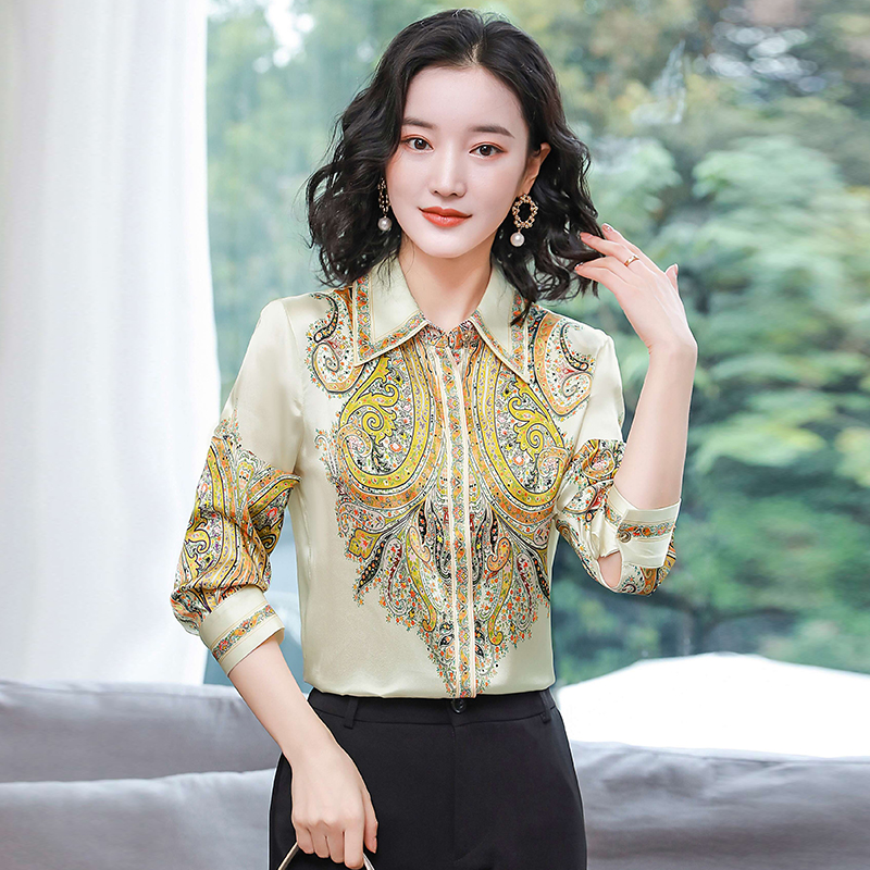 Long sleeve silk shirt retro printing tops for women