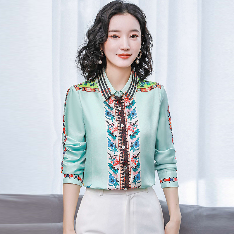 Real silk long sleeve tops autumn silk shirt for women