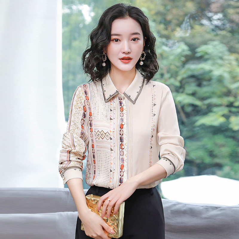 Printing real silk tops Western style shirt for women