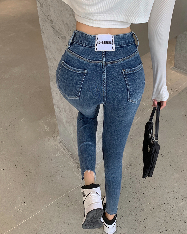 Torn edge slim jeans high waist fashion nine pants