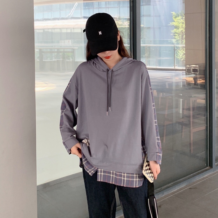 Autumn Pseudo-two large yard plaid fat long sleeve hoodie