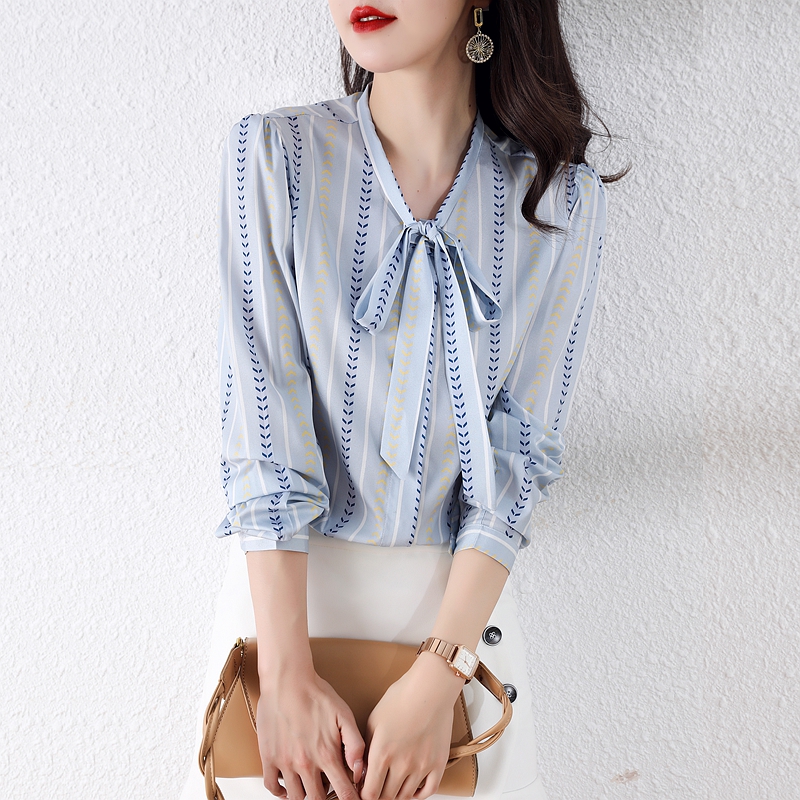Korean style streamer shirt real silk long sleeve chiffon shirt