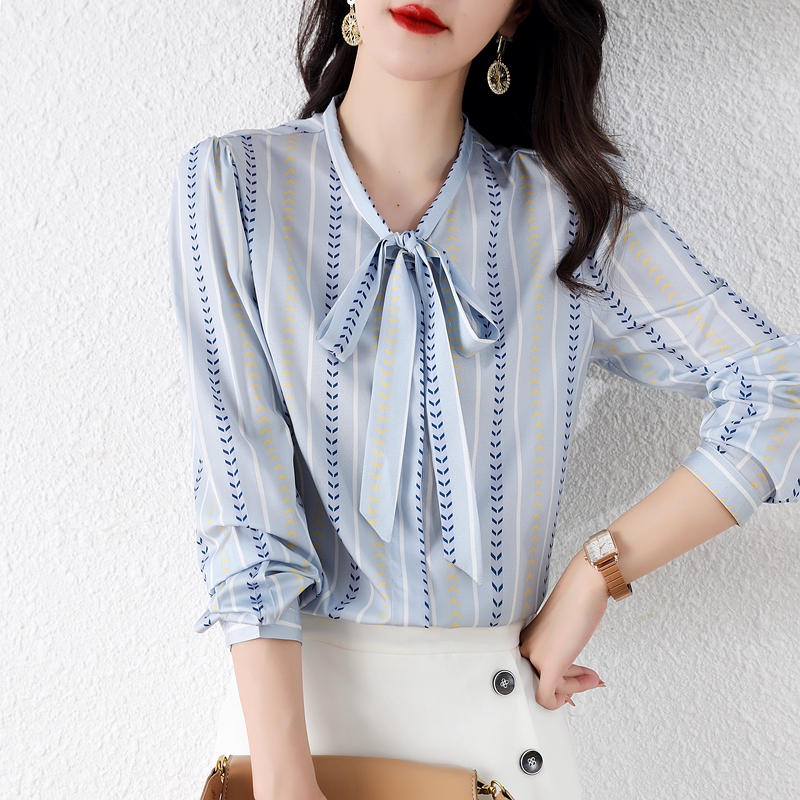 Korean style streamer shirt real silk long sleeve chiffon shirt