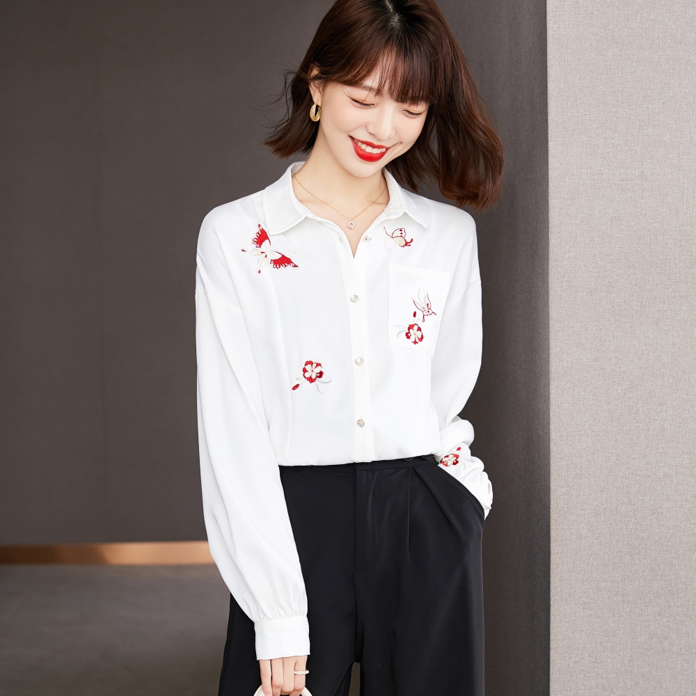 Pocket embroidery chiffon shirt all-match shirt