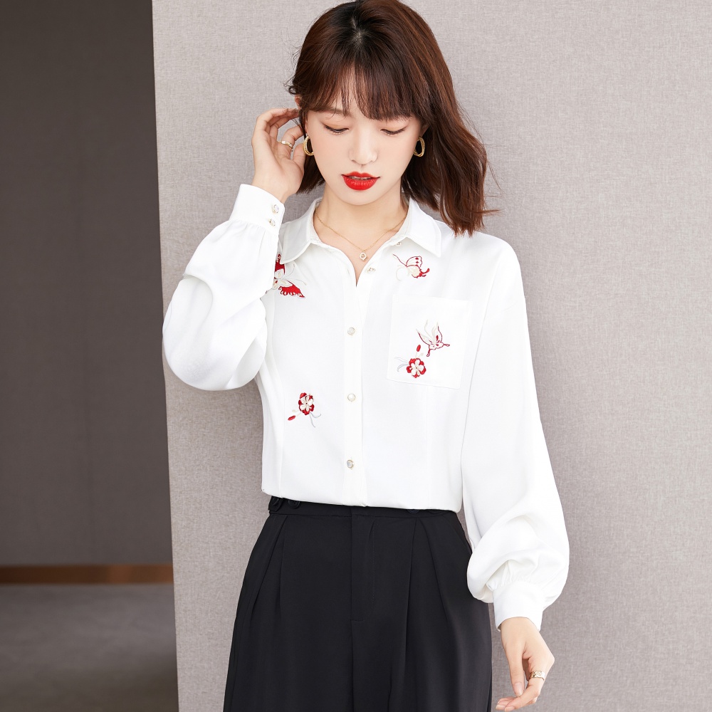 Pocket embroidery chiffon shirt all-match shirt