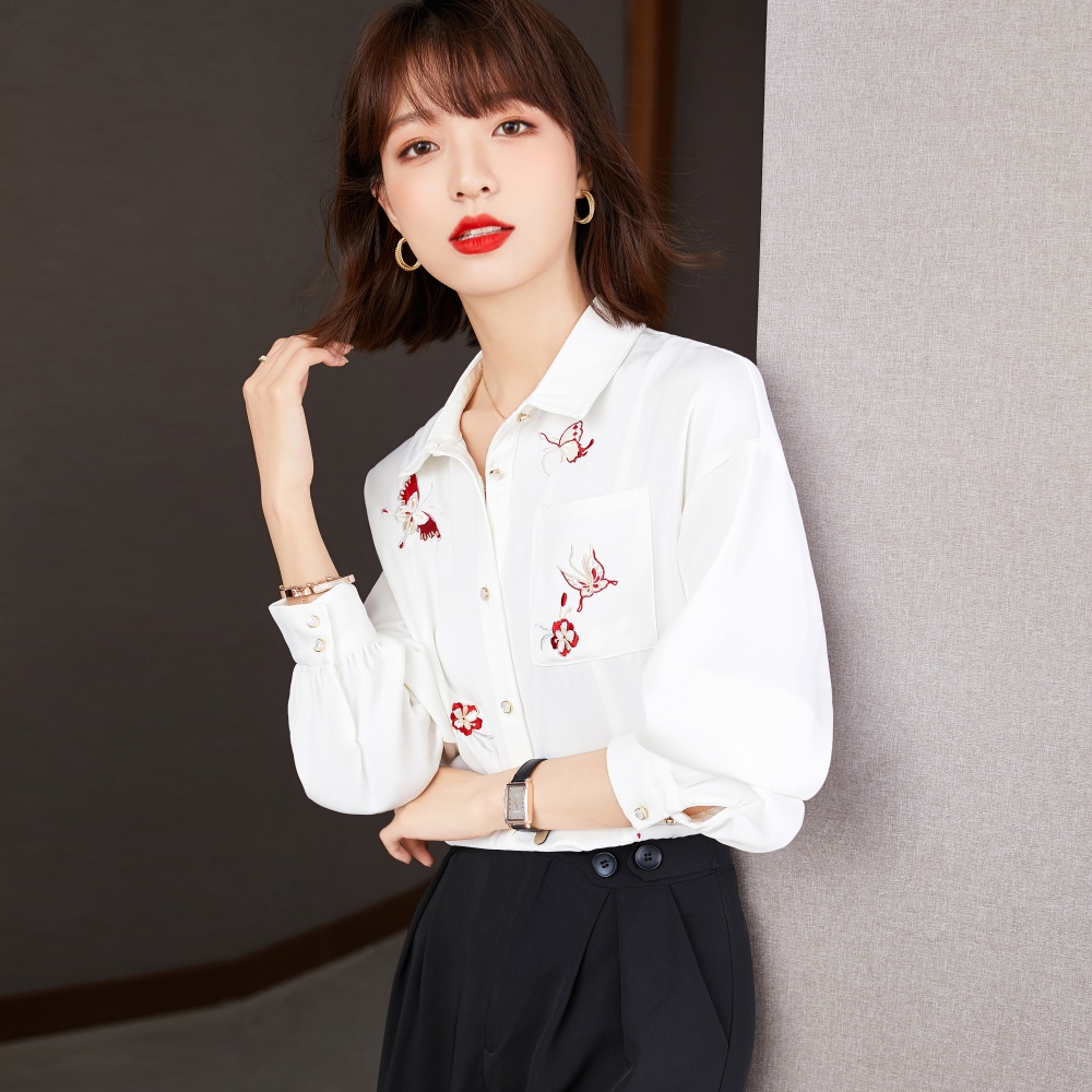 Pocket embroidery chiffon shirt all-match shirt